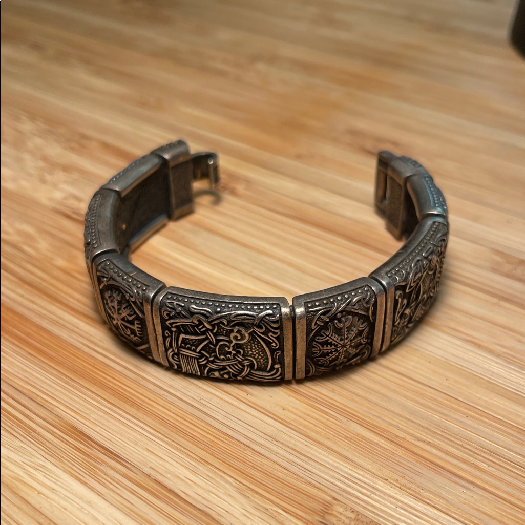 Intricately Designed Viking Leather Bracelet With Charms.